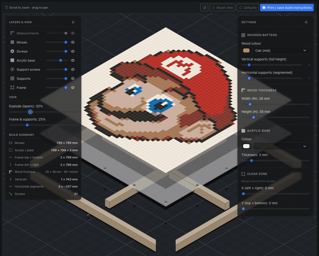 Mount workspace with frame, acrylic, supports, and screw positions